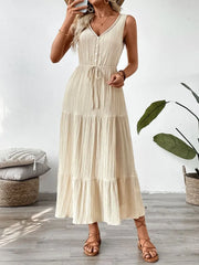 New summer minimalist versatile strap sleeveless high waisted patchwork wave wrinkled V-neck solid color women's dress