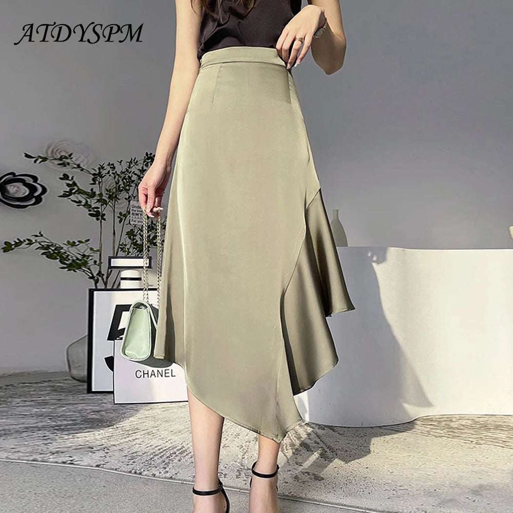 Elegant High Waist Satin Skirts Women Irregular Mermaid Skirt Fashion Streetwear Casual A-Line Skirts Office Lady Long Skirts