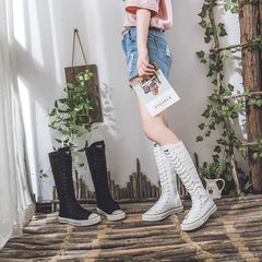 Nuevas botas de lona para mujer, zapatos con cremallera, zapatos cómodos para mujer, zapatillas planas altas para mujer, botas con cordones hasta la rodilla, bota femenina 
