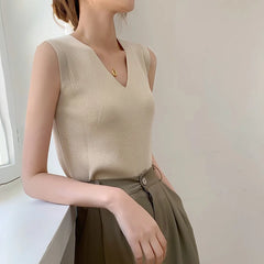 Camisetas de tirantes de punto de verano para mujer, camisetas finas para mujer, camisetas básicas informales, camisetas con cuello en V, camisetas sin mangas para mujer