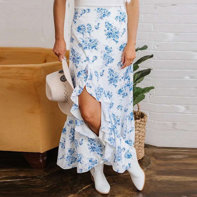 Skirts Women Long Skirt A Line Slim Fit Streetwear Print Floral Elegant Splice Y2k High Waist Work Ruffles Summer 2025