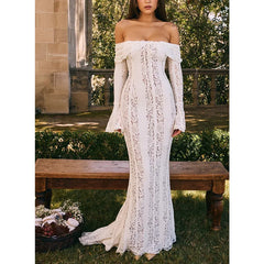 Vestido de mujer nuevo, sexy, de una sola palabra, con encaje en los hombros, top de tubo, vestido largo ajustado con cola de pez. 