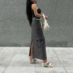 Solid Skirt Summer Women New Fashion Pockets Button Sexy Split Skirt Streetwear Casual Slim Female Club Elegant Party Long Skirt