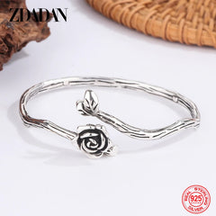Pulsera y brazalete ajustable de flor negra de plata esterlina 925 ZDADAN para mujer, joyería de moda