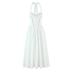 YENKYE Vestido midi con cuello halter, verde y blanco con bordado floral para mujer, sexy, sin espalda, con cordones, elegante, para fiesta, bata de verano 