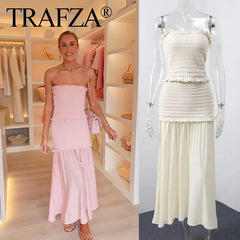 TRAFZA 2025 Conjunto de vestido de punto con top sin tirantes ajustado beige para mujer, falda larga de retazos de cintura alta lisa, para vacaciones de verano 