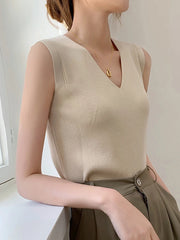 Camisetas de tirantes de punto de verano para mujer, camisetas finas para mujer, camisetas básicas informales, camisetas con cuello en V, camisetas sin mangas para mujer
