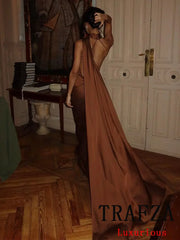 TRAFZA Sexy Elegant Chic Women Halter Dress Satin Solid Ribbon Backless Long Dress Fashion 2025 Spring Summer Evening Club Dress