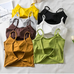 Women Crop Tops U-Back Tanks Top Female Cotton Underwear Summer Twist Back Cami Padded Top Beauty Back Removable Pads Camisoles