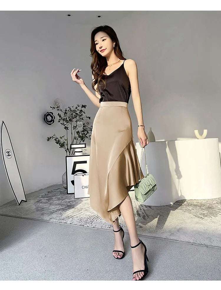 Elegant High Waist Satin Skirts Women Irregular Mermaid Skirt Fashion Streetwear Casual A-Line Skirts Office Lady Long Skirts