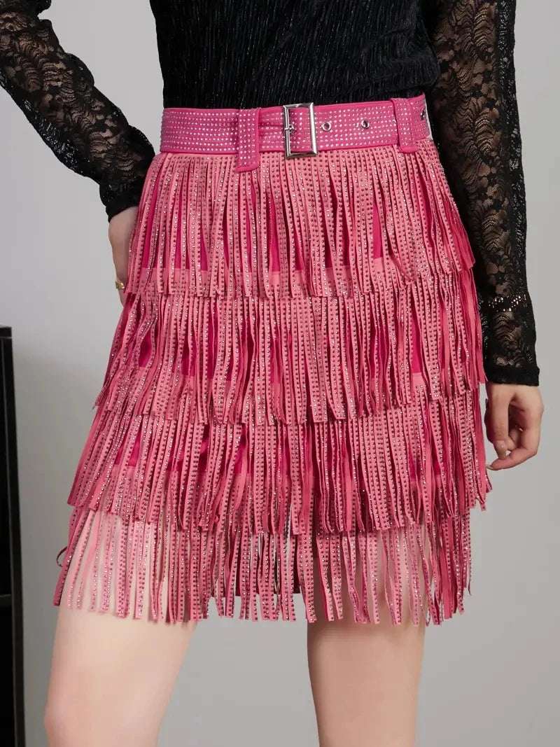 Women Skirt Fashion 2025 New Autumn High Waist Belt Multi Layer Short  Heavy Drilling Rhinestones Fringed Skirt with Cake A Line