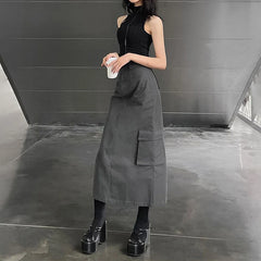Solid Skirt Summer Women New Fashion Pockets Button Sexy Split Skirt Streetwear Casual Slim Female Club Elegant Party Long Skirt