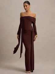 Vestido largo sexy de manga larga con hombros descubiertos de Mozision para mujer, vestido de otoño a la moda sin tirantes, espalda descubierta, drapeado y fruncido para discoteca. 