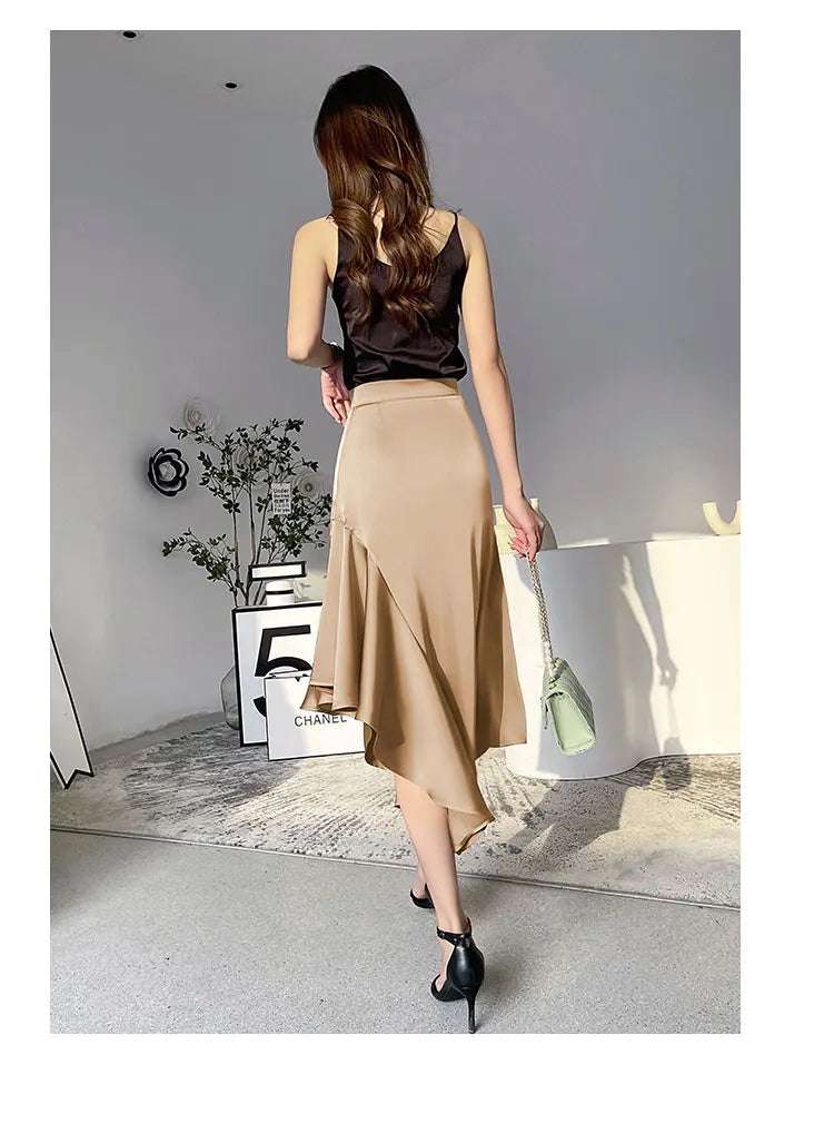 Elegant High Waist Satin Skirts Women Irregular Mermaid Skirt Fashion Streetwear Casual A-Line Skirts Office Lady Long Skirts