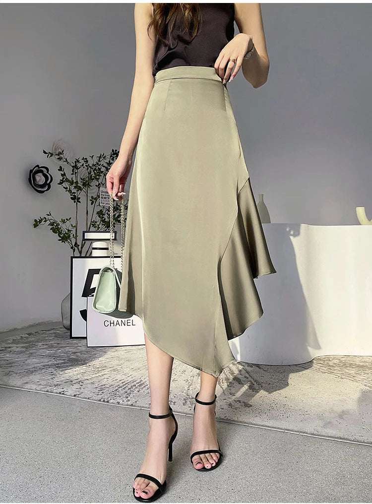 Elegant High Waist Satin Skirts Women Irregular Mermaid Skirt Fashion Streetwear Casual A-Line Skirts Office Lady Long Skirts
