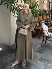 Elegante vestido largo plisado con cintura para mujer, manga larga, encaje, cuello redondo, suelto, verano otoño 2025, nuevo, hasta los tobillos.