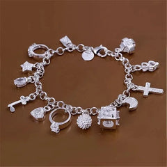 Pulsera de plata de moda europea y americana con trece colgantes, pulsera de mujer con múltiples elementos, pulsera de estilo simple 