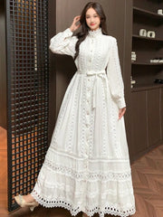 Vestido bohemio retro de encaje calado para mujer, novedad de 2025, para primavera y otoño, con cinturón, manga larga y solapa. 