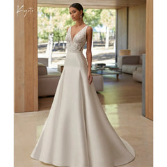Vestido de novia con apliques y cuello en V blanco de Kyoto 2025 sin espalda personalizado جديد في الفساتين A-line vestidos de novia de cola larga 