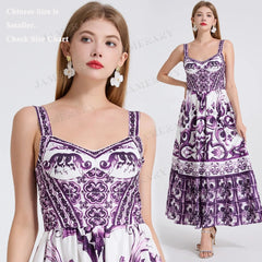 Vestido maxi floral de verano de porcelana morada para mujer, elástico, bohemio, estampado, largo, para vacaciones en la playa y fiestas. 