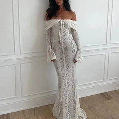 Vestido de mujer nuevo, sexy, de una sola palabra, con encaje en los hombros, top de tubo, vestido largo ajustado con cola de pez. 