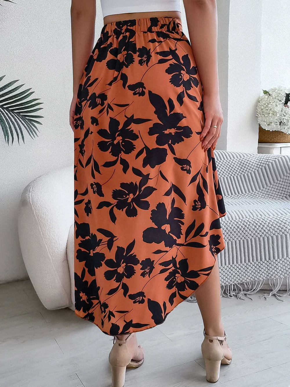 Spring Summer Skirts for Women Casual Floral Print Asymmetric Ruffle Edge Skirt