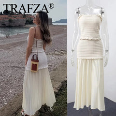 TRAFZA 2025 Conjunto de vestido de punto con top sin tirantes ajustado beige para mujer, falda larga de retazos de cintura alta lisa, para vacaciones de verano 