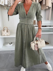 Women's American Style New Fashion Sexy  V-neck Ankle Length Button Jean Dress Washed Solid Vintage Denim Dresses Female Clothes