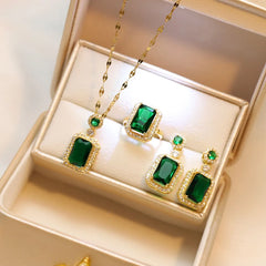Conjunto de 4 piezas de exquisitos pendientes, collar y anillo con diamantes de imitación cuadrados, conjunto de joyas con abalorios para damas, joyería de moda, regalos de novia.