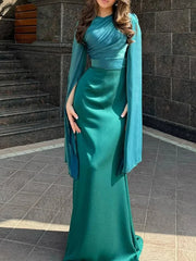 Vestido de satén liso de moda para mujer, vestido ajustado con cuello redondo, elegante vestido largo con mangas de murciélago y cintura alta plisada 2025. 