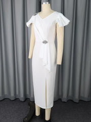Vestido de graduación blanco con escote en V, mangas con volantes, ajustado, abertura midi, elegante y ajustado, para mujer. 
