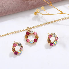 Conjunto de 3 pendientes y collar de oro para mujer, estilo sencillo y moderno, con cristales de colores exquisitos y forma de círculo de diamantes.
