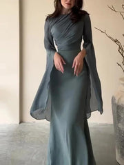 Vestido de satén liso de moda para mujer, vestido ajustado con cuello redondo, elegante vestido largo con mangas de murciélago y cintura alta plisada 2025. 