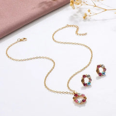 Conjunto de 3 pendientes y collar de oro para mujer, estilo sencillo y moderno, con cristales de colores exquisitos y forma de círculo de diamantes.
