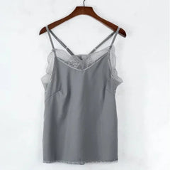 Blusas elegantes para mujer, top tipo camiseta sin mangas, top tipo tubo de satén de seda, camisola lisa con tirantes, blusa sin mangas, blusa francesa con encaje delicado