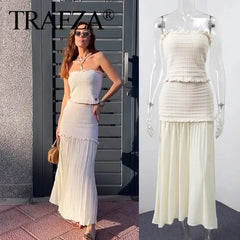 TRAFZA 2025 Conjunto de vestido de punto con top sin tirantes ajustado beige para mujer, falda larga de retazos de cintura alta lisa, para vacaciones de verano 