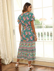 Happie Queens Women Floral Print Beach Bohemian Maxi Dresses Ladies Vacation Front Button Rayon Boho Dress Vestidos