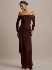 Vestido largo sexy de manga larga con hombros descubiertos de Mozision para mujer, vestido de otoño a la moda sin tirantes, espalda descubierta, drapeado y fruncido para discoteca. 