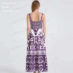 Vestido maxi floral de verano de porcelana morada para mujer, elástico, bohemio, estampado, largo, para vacaciones en la playa y fiestas. 
