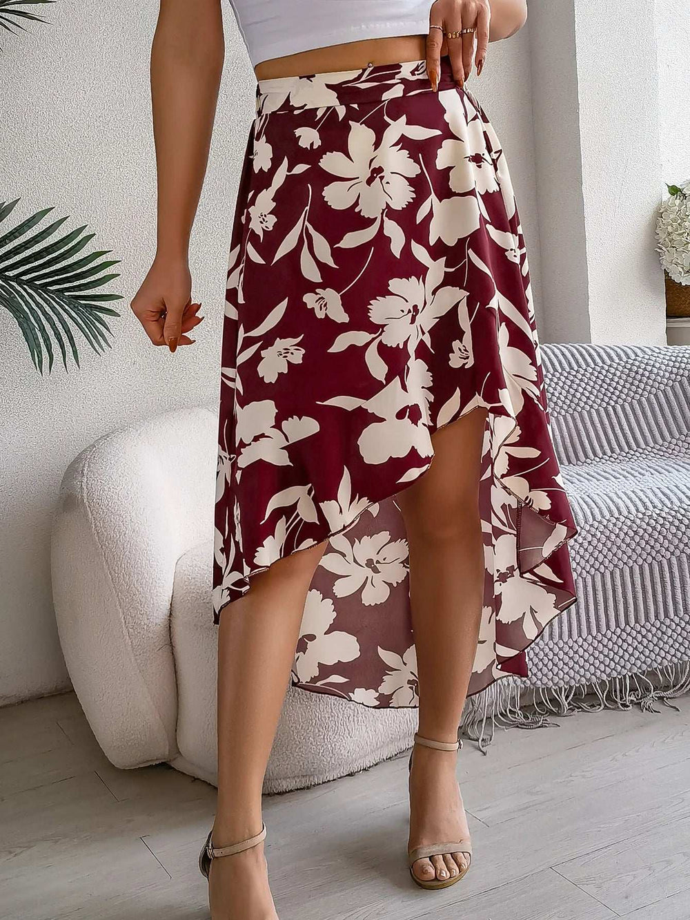 Spring Summer Skirts for Women Casual Floral Print Asymmetric Ruffle Edge Skirt