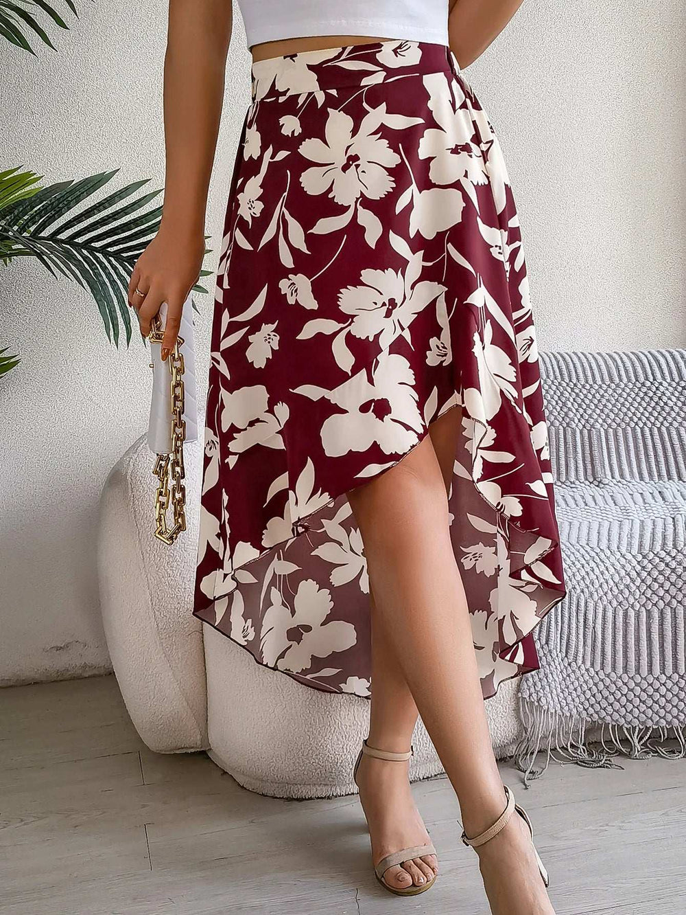 Spring Summer Skirts for Women Casual Floral Print Asymmetric Ruffle Edge Skirt