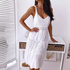 Women Beach Camisole Sexy Dress Summer Dress for Women Solid Sleeveless Hook Flower Hollow Long Dresses Elegant V-Neck Sundress