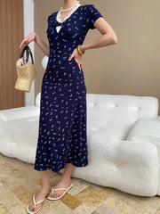 Vestido ajustado con retazos de encaje y manga corta con escote en V y estampado floral informal para mujer de primavera y verano 