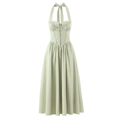 YENKYE Vestido midi con cuello halter, verde y blanco con bordado floral para mujer, sexy, sin espalda, con cordones, elegante, para fiesta, bata de verano 