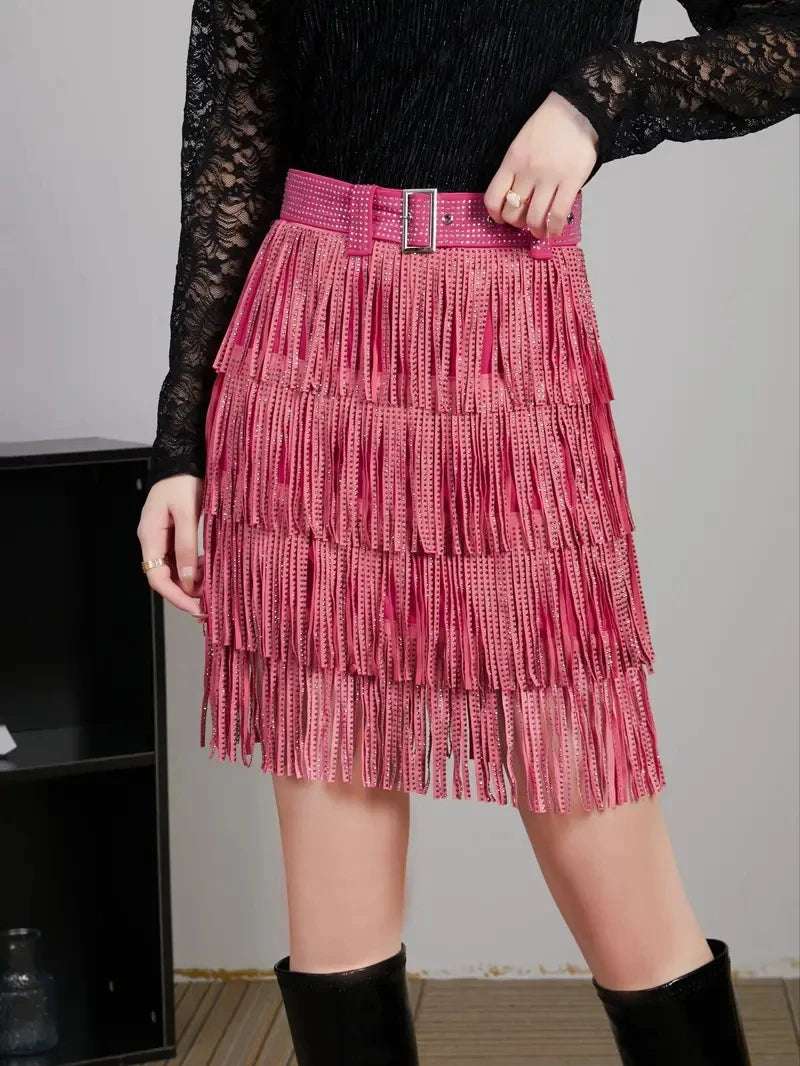 Women Skirt Fashion 2025 New Autumn High Waist Belt Multi Layer Short  Heavy Drilling Rhinestones Fringed Skirt with Cake A Line