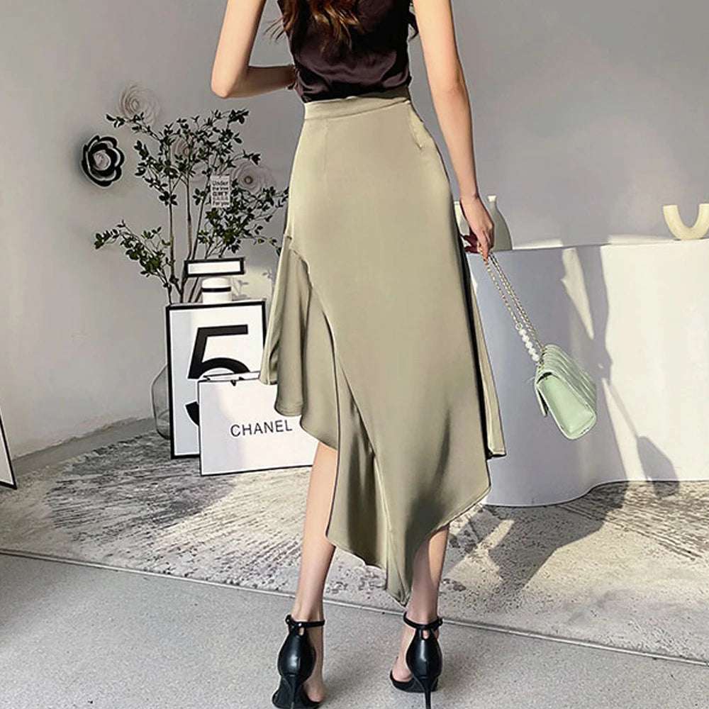 Elegant High Waist Satin Skirts Women Irregular Mermaid Skirt Fashion Streetwear Casual A-Line Skirts Office Lady Long Skirts