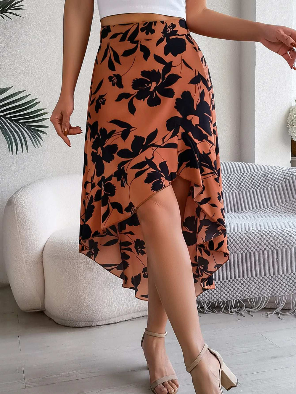 Spring Summer Skirts for Women Casual Floral Print Asymmetric Ruffle Edge Skirt