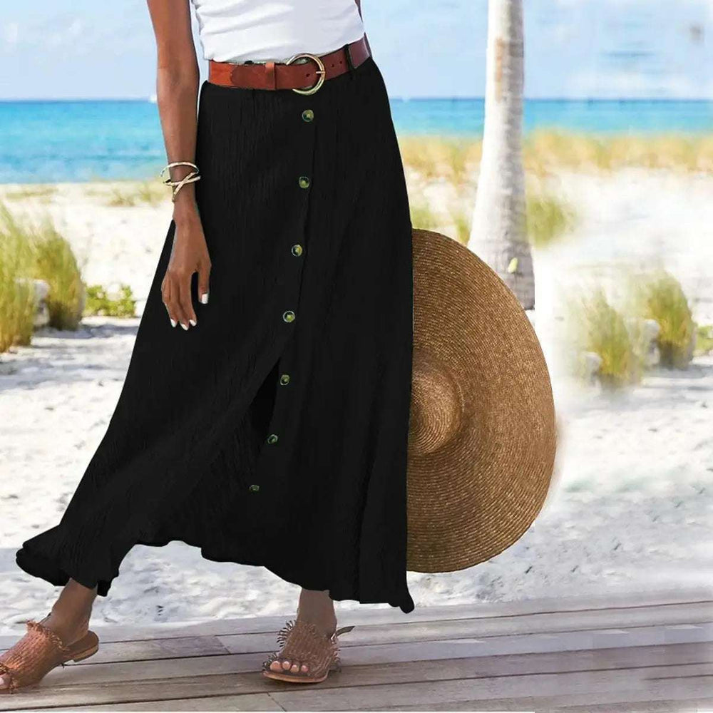 Women Skirt 2025 Spring Summer New Fashion Casual Cotton And Linen Solid Color Buttons Skirt Split A- Line Hip Waist Long Skirt