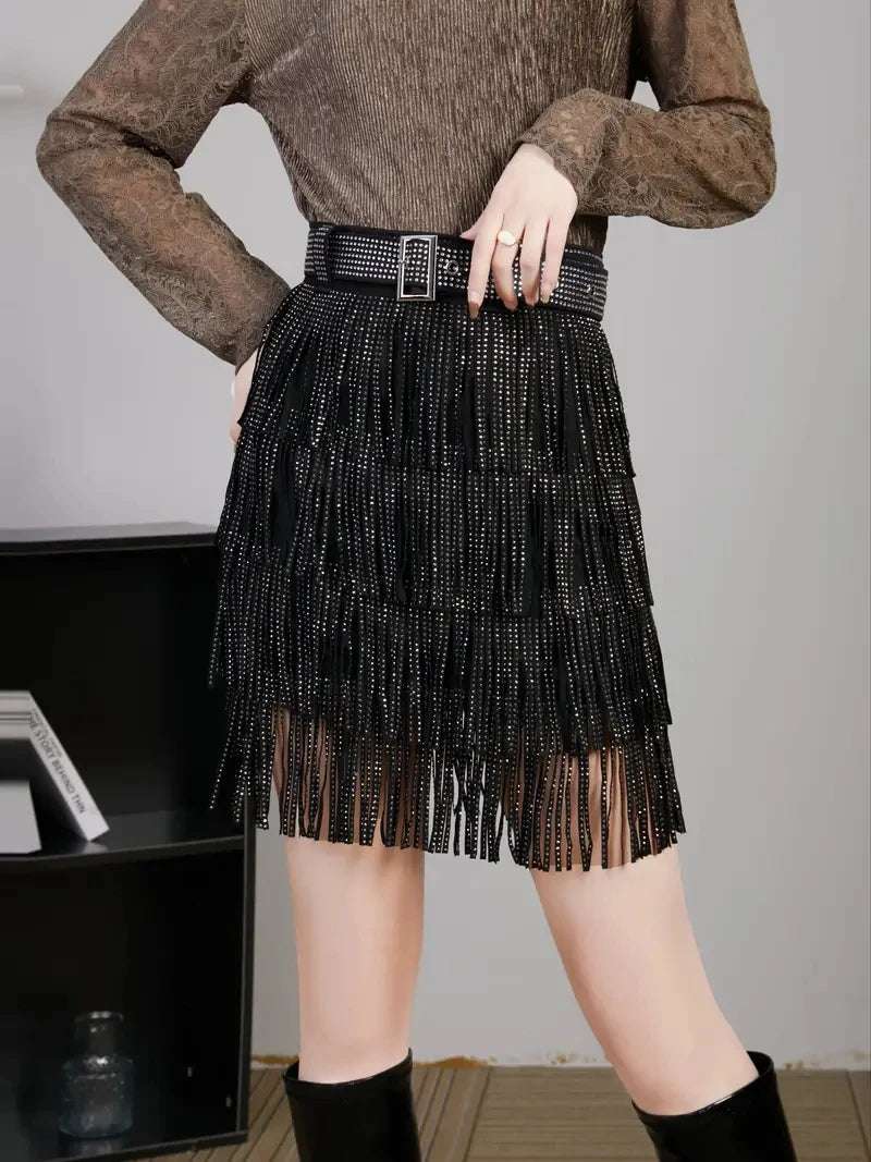 Women Skirt Fashion 2025 New Autumn High Waist Belt Multi Layer Short  Heavy Drilling Rhinestones Fringed Skirt with Cake A Line