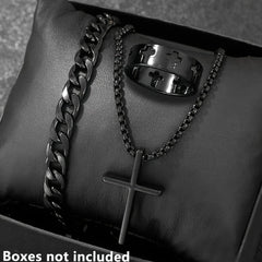 Conjunto de 3 piezas de joyería de aleación de moda para hombre: collar, pulsera y anillo con colgante de cruz.